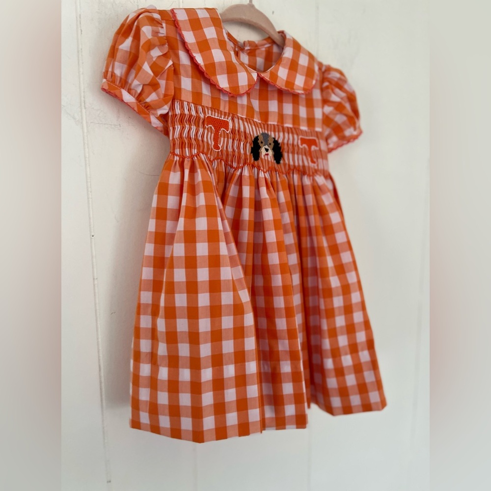 Tennessee VOLS Smocked Orange White Gingham Bow Dress Smokey Dog Sz 12 Months - Picture 9 of 13